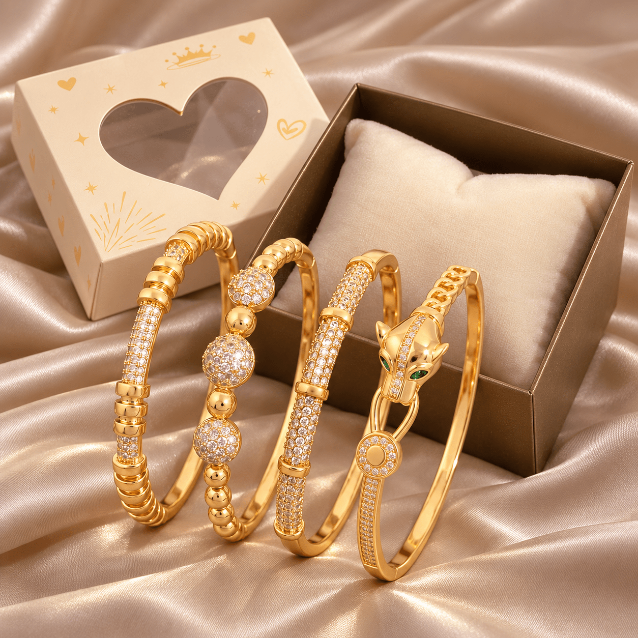 Trendy Women's 4pc Bracelet Set, Leopard Head Design